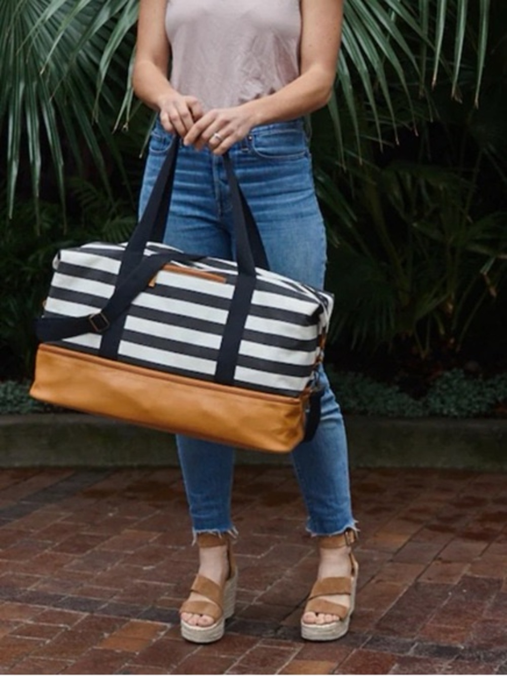 DSW Striped Canvas Weekender Bag with Tan Faux Leather Base